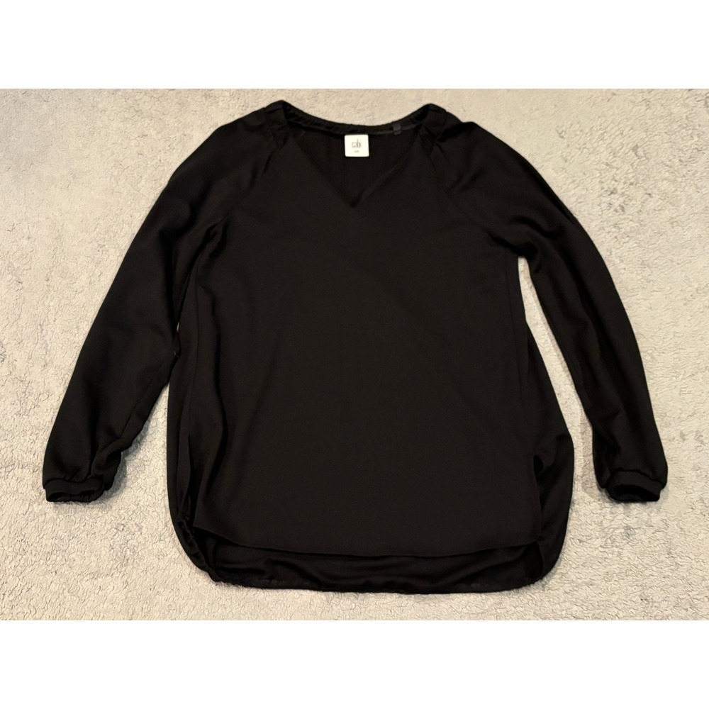 Cabi Black V-Neck Long Sleeve Blouse XXS Style 3802 Rayon Blend Curved Hem